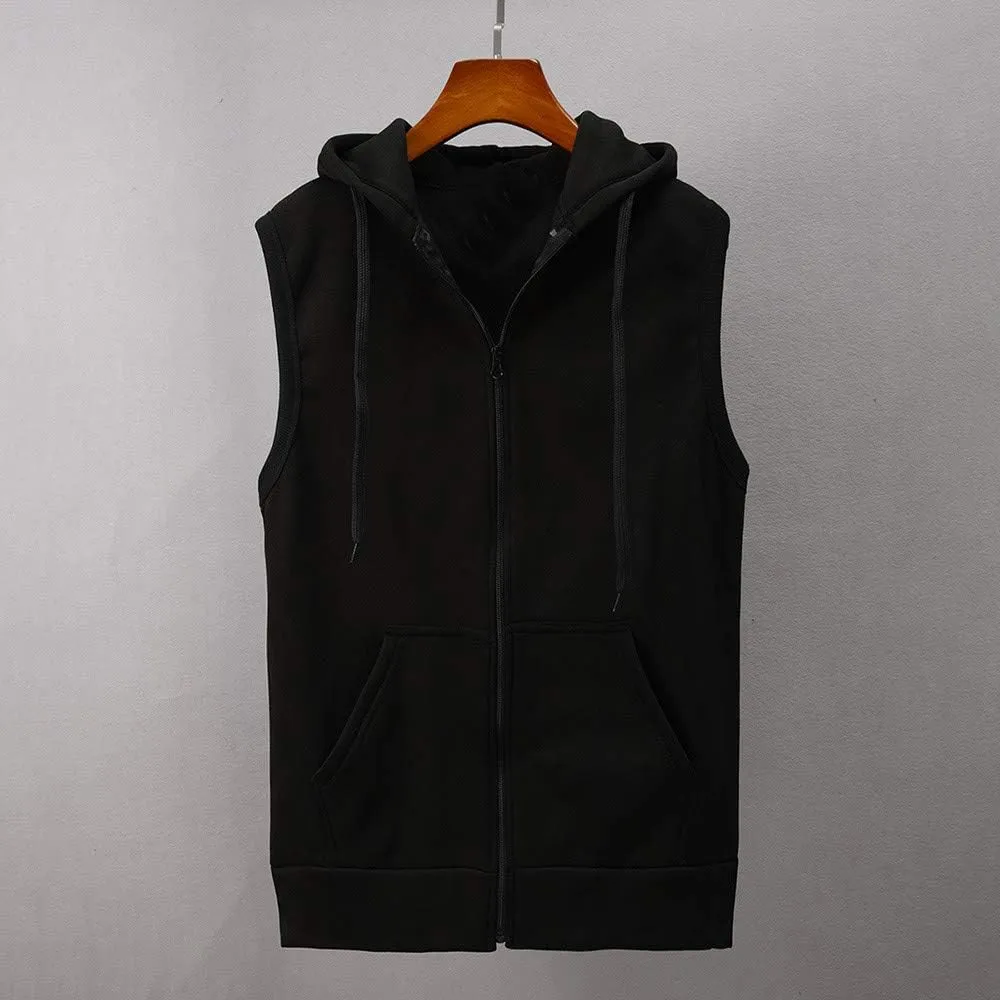 WENKOMG1 Hooded Vest for Men, Solid Sleeveless Waistcoat Soft Sports Jacket Slim Shirt with Pocket Zipper Blouse