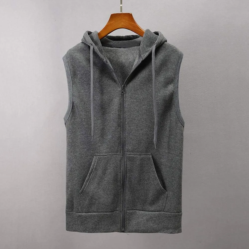 WENKOMG1 Hooded Vest for Men, Solid Sleeveless Waistcoat Soft Sports Jacket Slim Shirt with Pocket Zipper Blouse