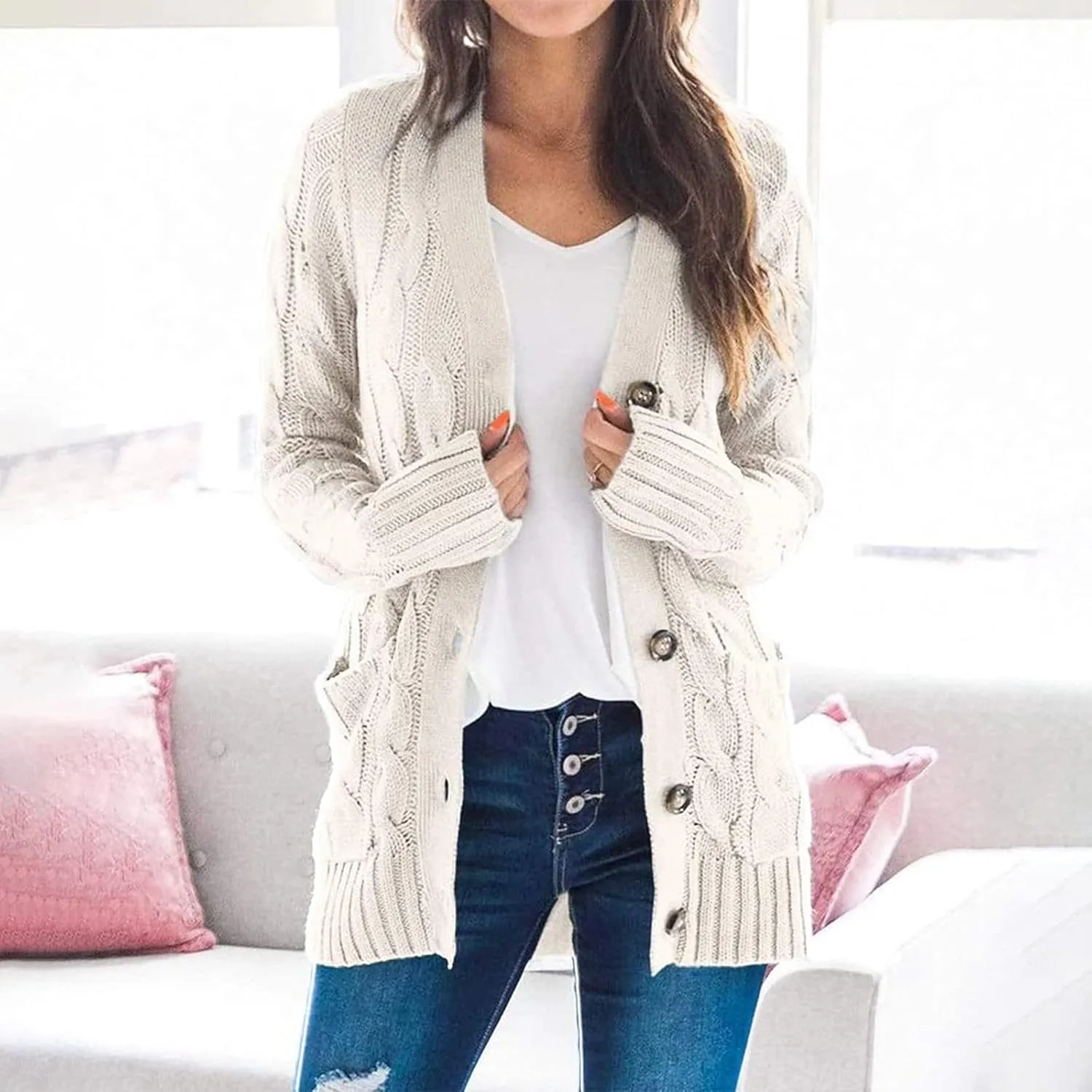 Winter Coats for Women 2025 Cable Knit Long Sleeve Sweaters Button Down Fall Outwear Coat Comfy Open Front Cardigan