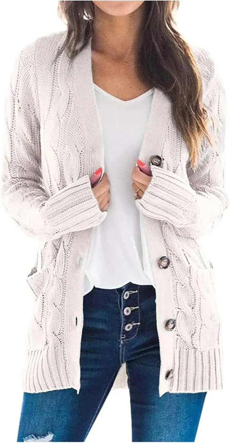 Winter Coats for Women 2025 Cable Knit Long Sleeve Sweaters Button Down Fall Outwear Coat Comfy Open Front Cardigan
