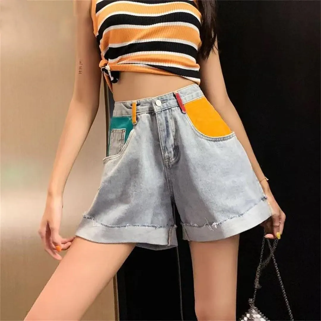 Woman Jeans Short Wide-Leg High Waist Denim Style Spliced Ripped Cuffs Streetwear Loose Slim Shorts