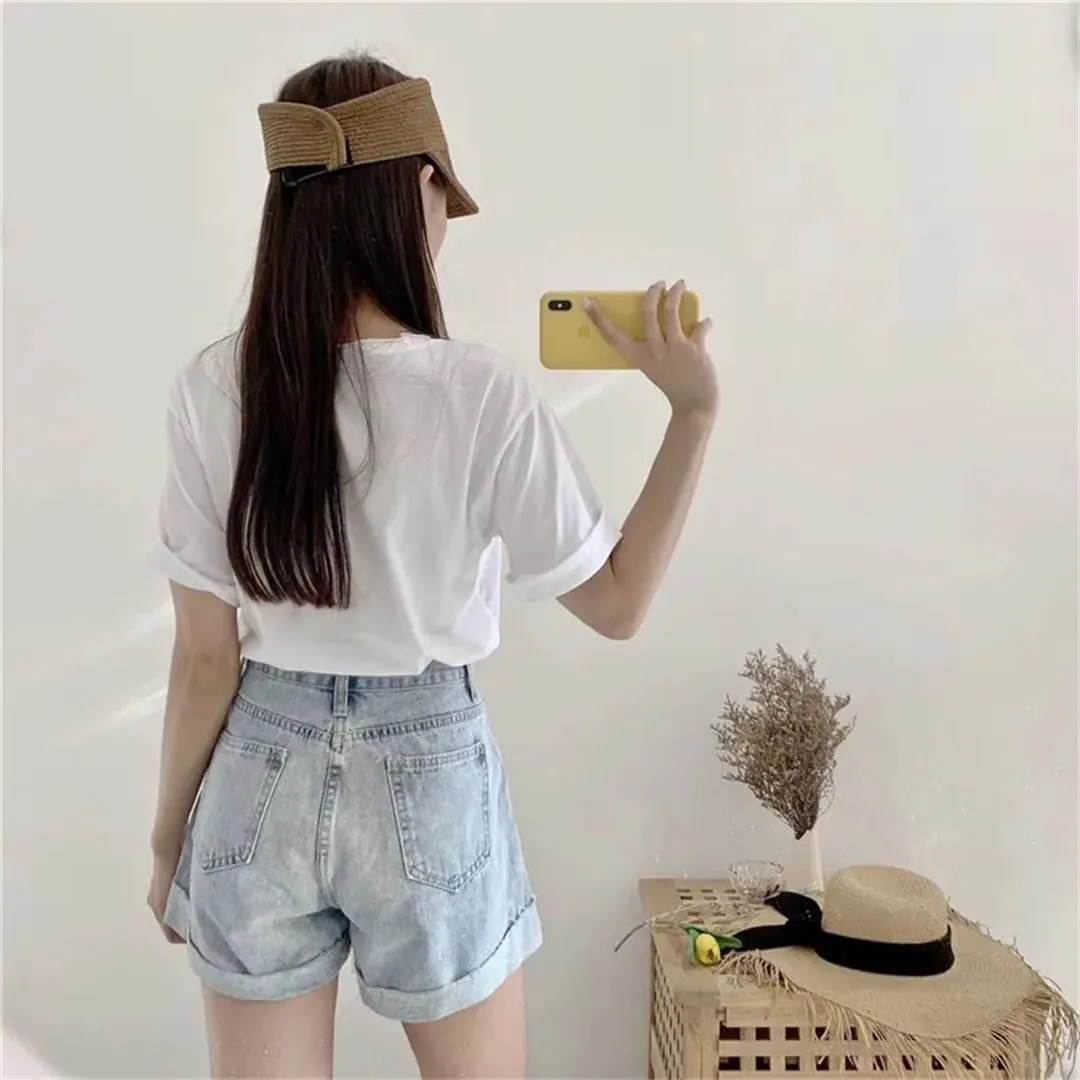 Woman Jeans Short Wide-Leg High Waist Denim Style Spliced Ripped Cuffs Streetwear Loose Slim Shorts