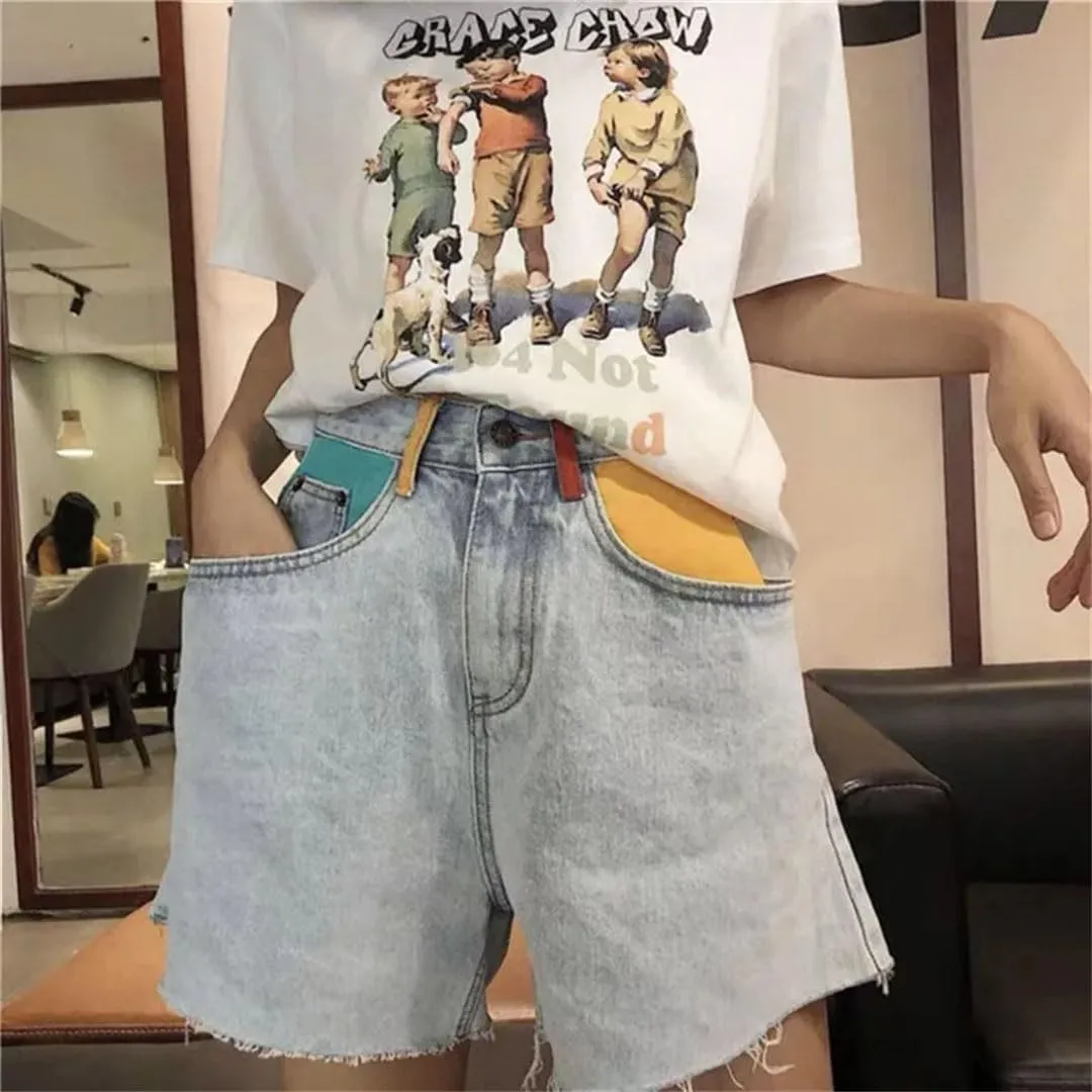 Woman Jeans Short Wide-Leg High Waist Denim Style Spliced Ripped Cuffs Streetwear Loose Slim Shorts