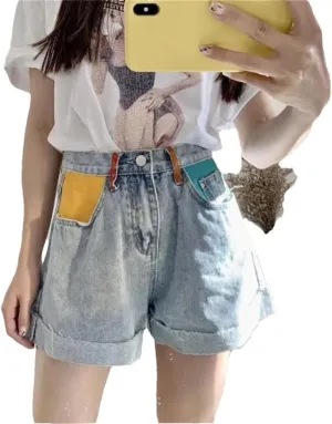 Woman Jeans Short Wide-Leg High Waist Denim Style Spliced Ripped Cuffs Streetwear Loose Slim Shorts