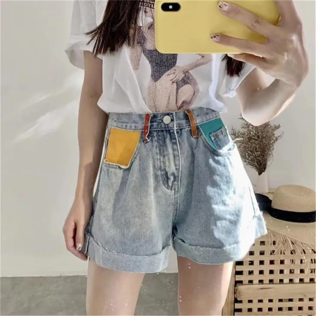 Woman Jeans Short Wide-Leg High Waist Denim Style Spliced Ripped Cuffs Streetwear Loose Slim Shorts