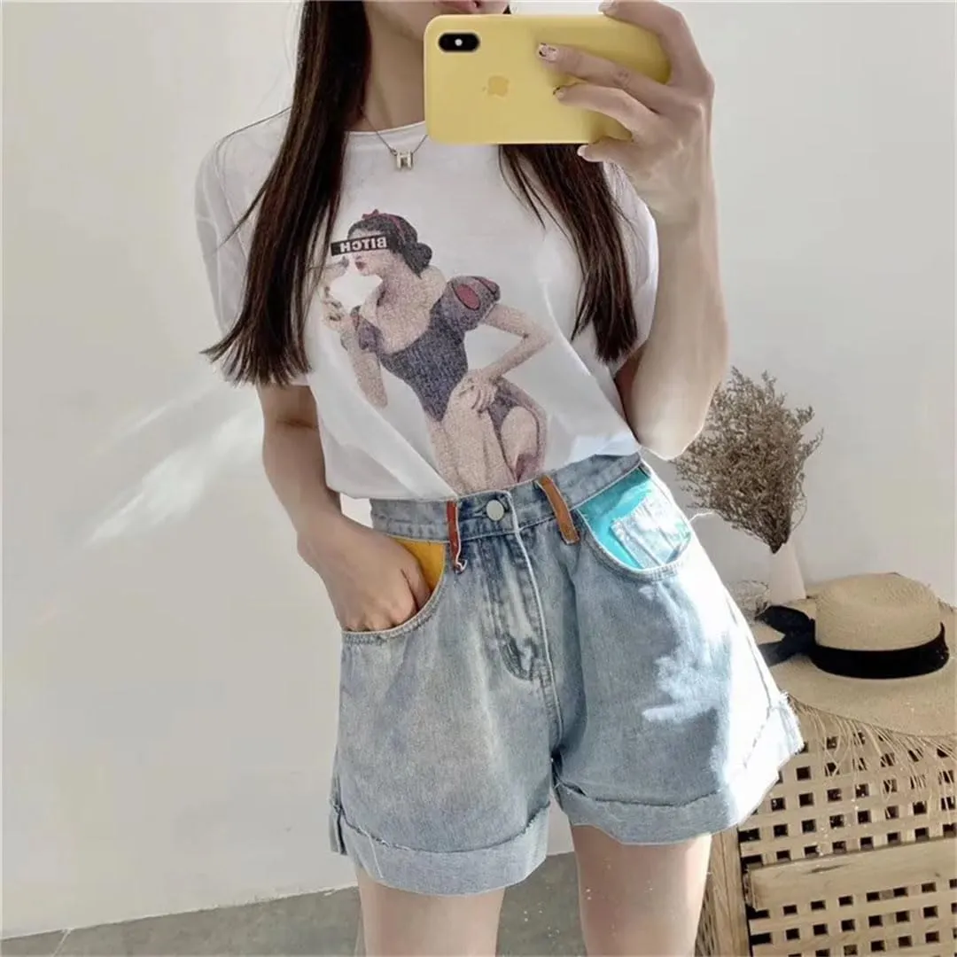 Woman Jeans Short Wide-Leg High Waist Denim Style Spliced Ripped Cuffs Streetwear Loose Slim Shorts