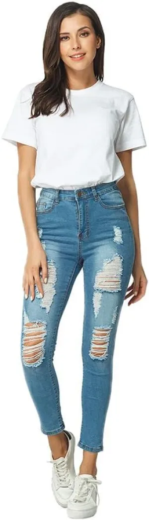 Women Casual Destroyed Ripped Distressed Skinny Denim Jeans