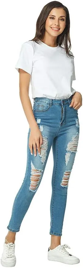 Women Casual Destroyed Ripped Distressed Skinny Denim Jeans