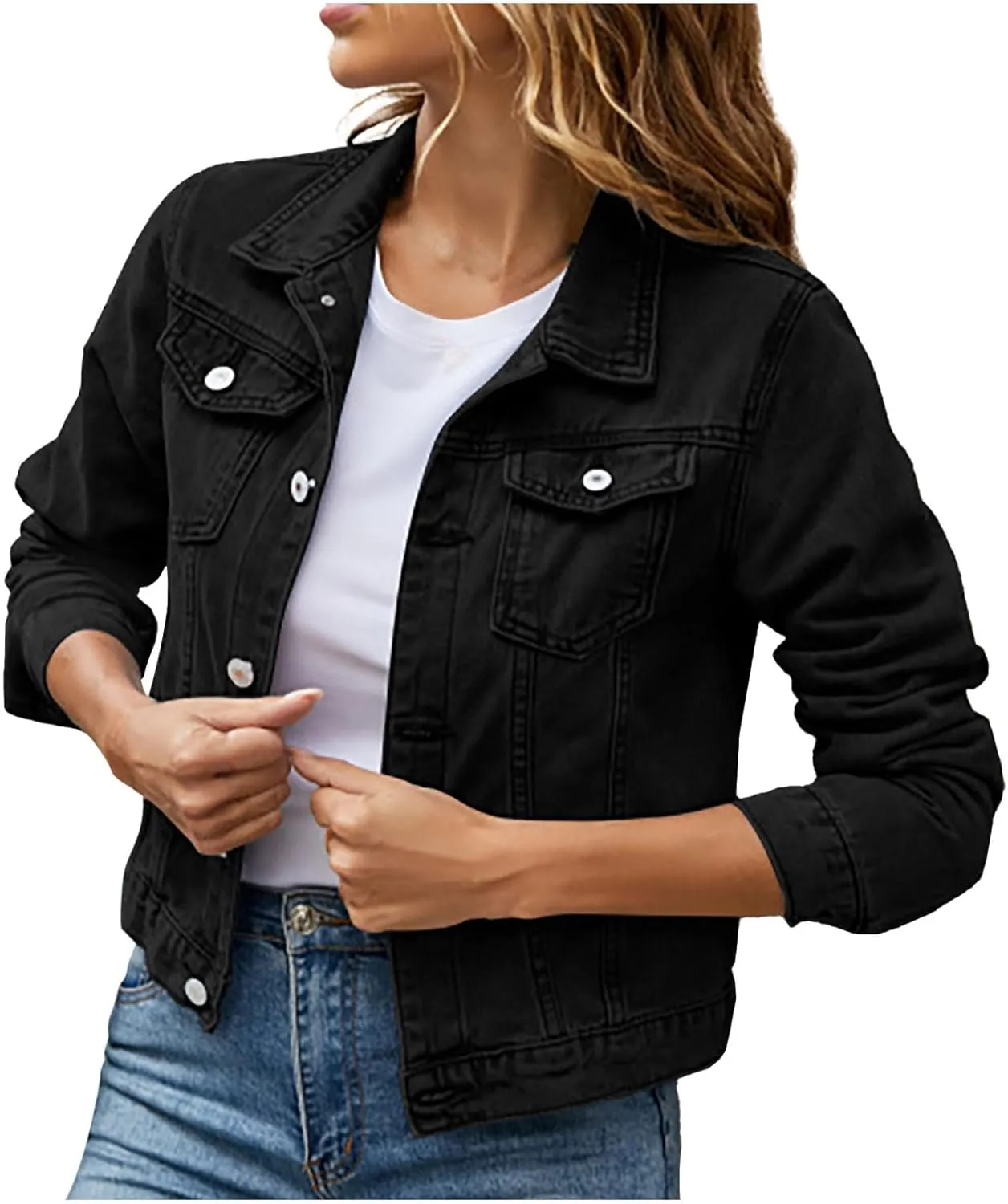 Women Crop Jean Jackets Trendy Button Up Cropped Denim Jacket Casual Spring Fall Slim Jean Coat Outerwear Tops