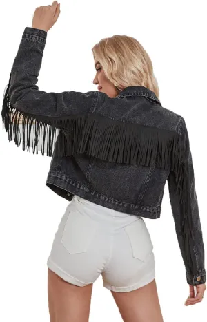 Women Cropped Denim Jacket long sleeve distressed fringe jean coat