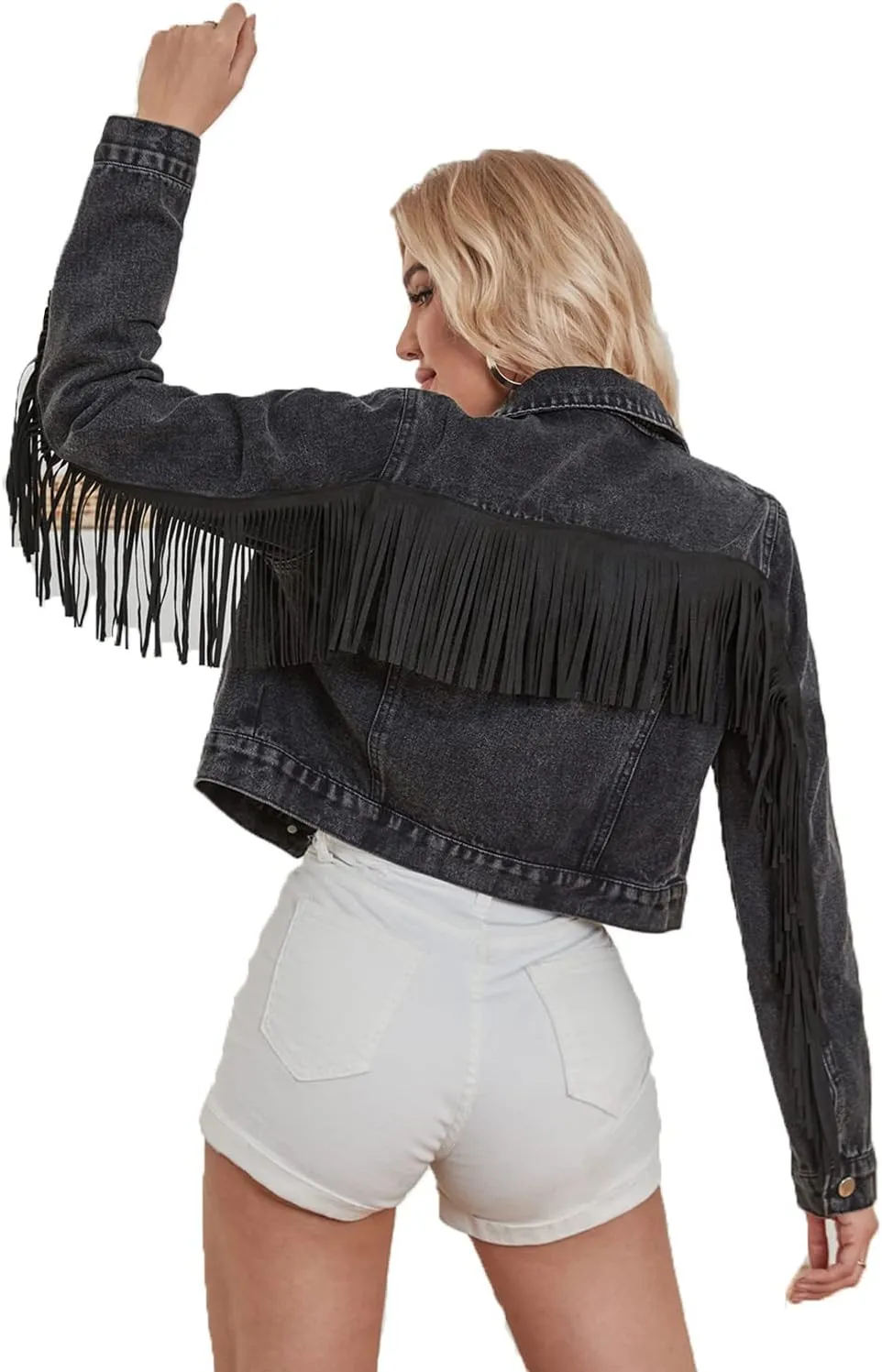 Women Cropped Denim Jacket long sleeve distressed fringe jean coat