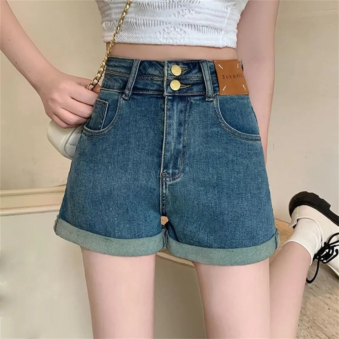 Women Elegant Slimming High-Waisted Rolled Edge Plus Size Denim Jeans