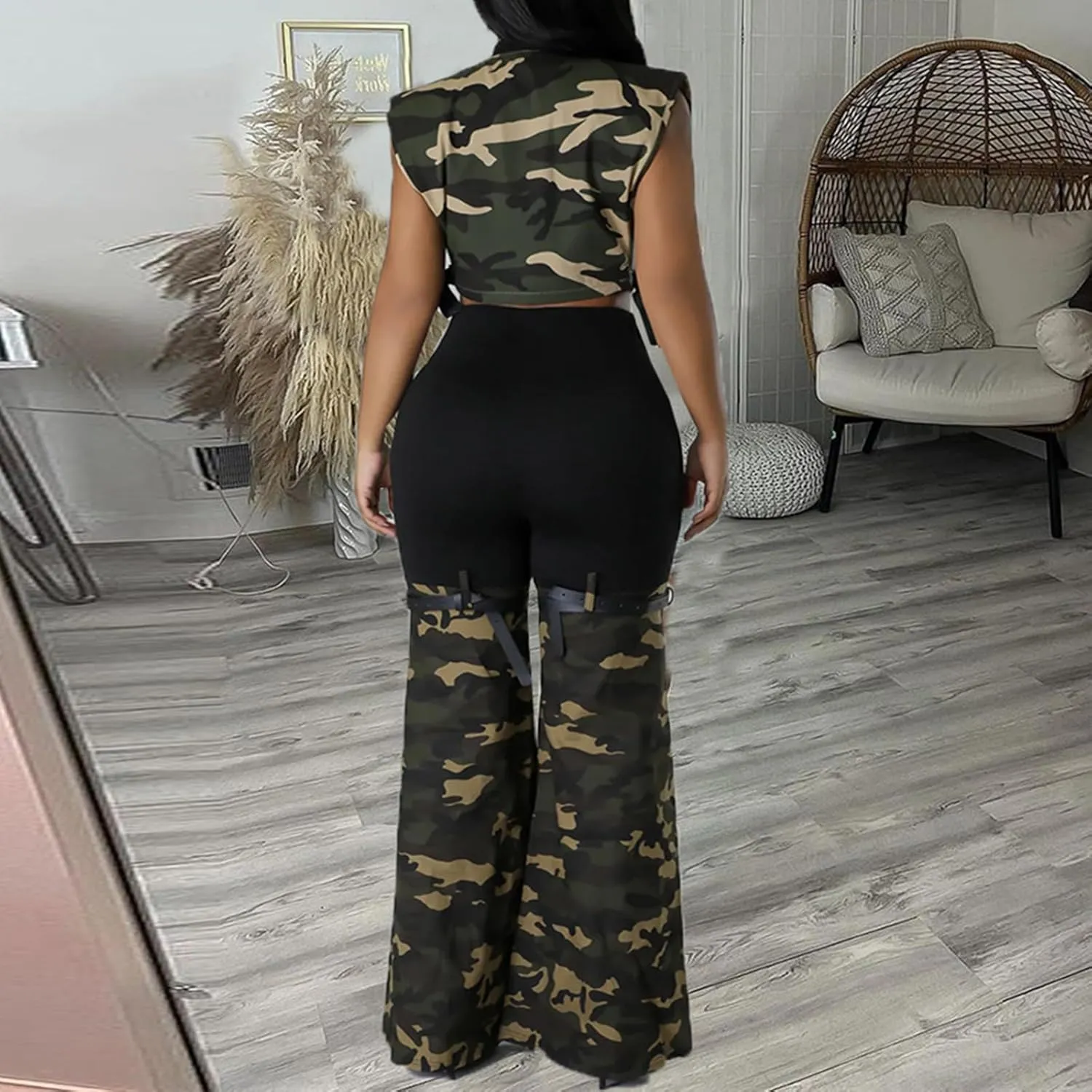 Women High Waisted Boyfriend Jeans Camo Patchwork Denim Joggers Straight Leg Cargo Pants with Pockets