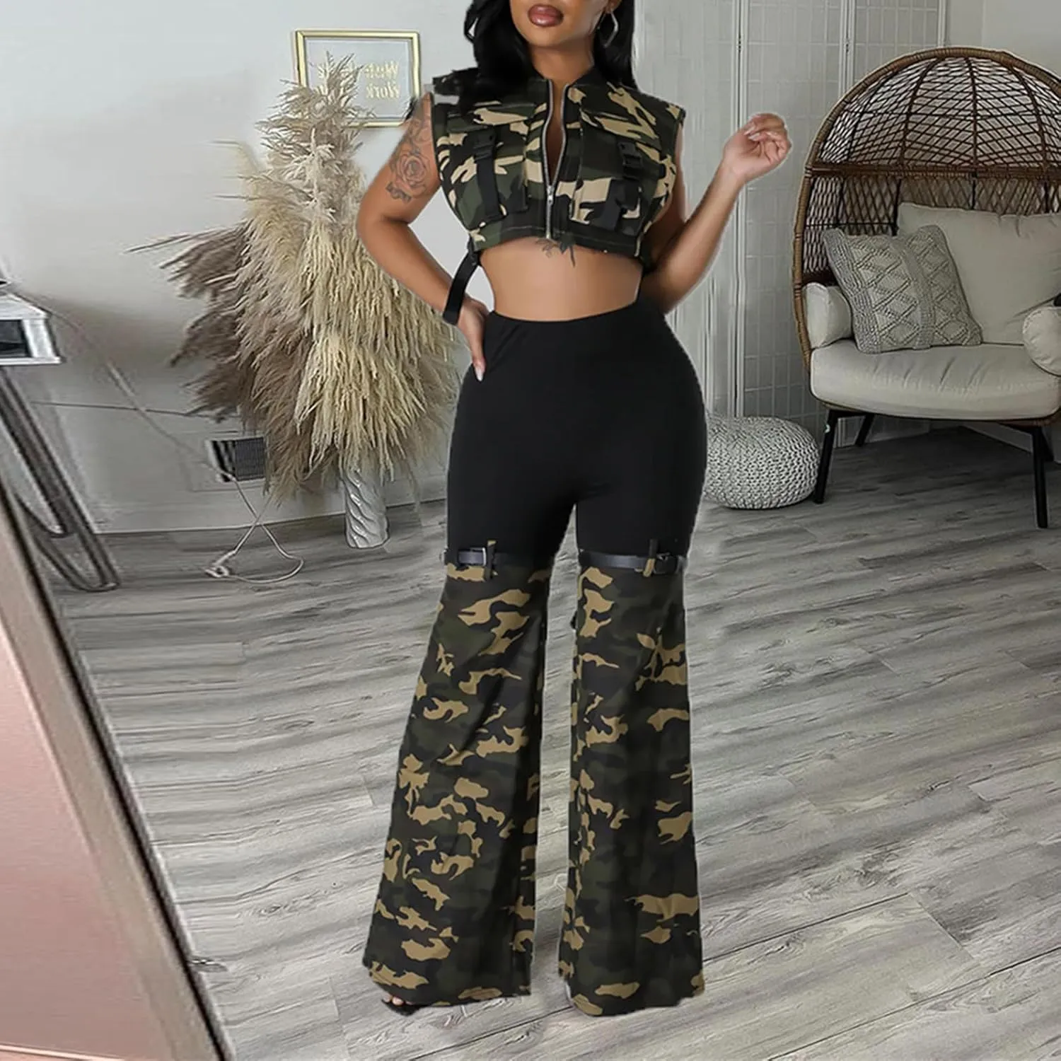Women High Waisted Boyfriend Jeans Camo Patchwork Denim Joggers Straight Leg Cargo Pants with Pockets