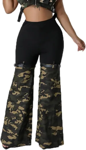 Women High Waisted Boyfriend Jeans Camo Patchwork Denim Joggers Straight Leg Cargo Pants with Pockets