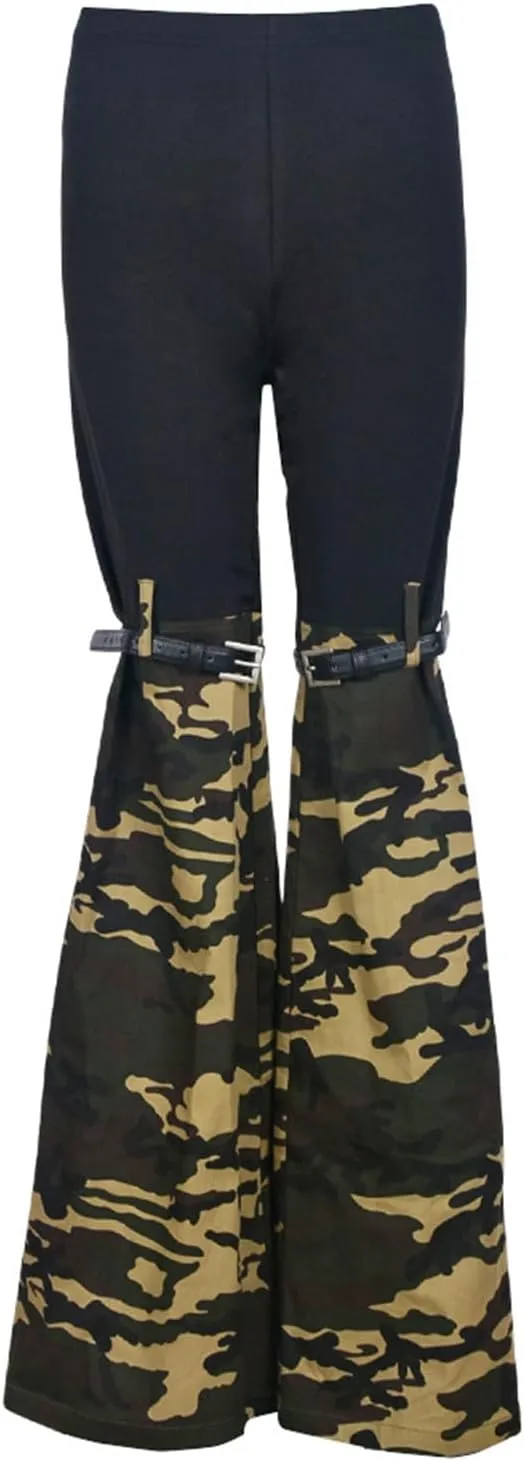 Women High Waisted Boyfriend Jeans Camo Patchwork Denim Joggers Straight Leg Cargo Pants with Pockets