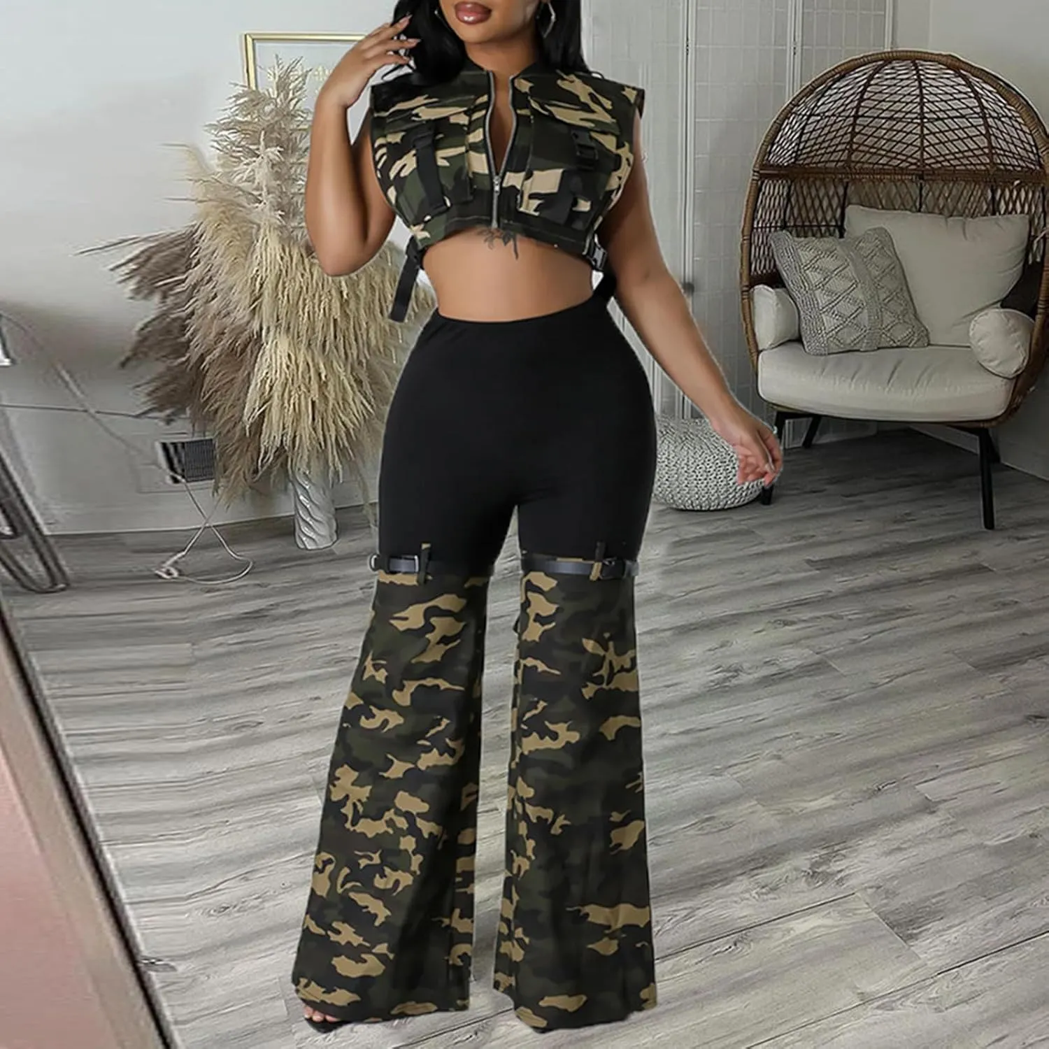 Women High Waisted Boyfriend Jeans Camo Patchwork Denim Joggers Straight Leg Cargo Pants with Pockets