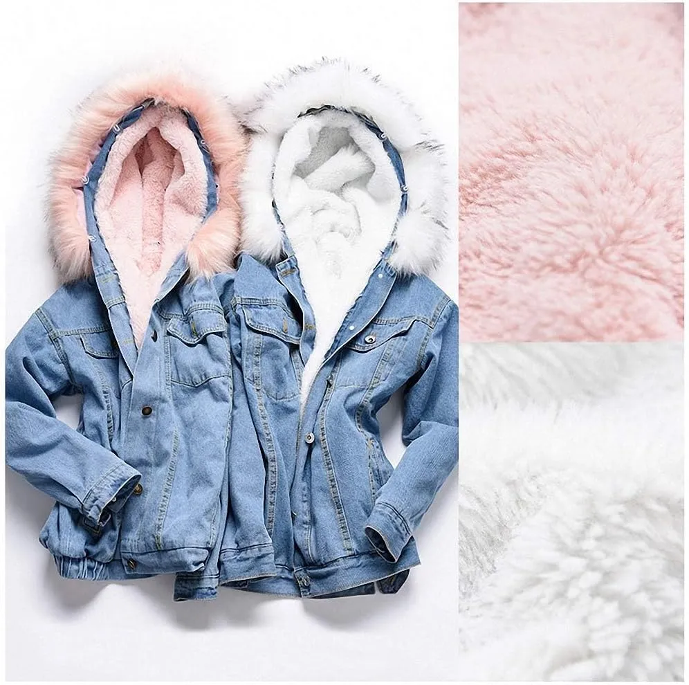 Women Large Fur Collar Hooded Denim Jacket Thicken Velvet Shaggy Loose Bomber Jean Jacket Warm Fleece Lined Cotton-Padded
