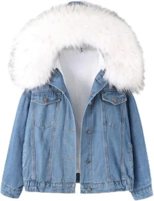 Women Large Fur Collar Hooded Denim Jacket Thicken Velvet Shaggy Loose Bomber Jean Jacket Warm Fleece Lined Cotton-Padded