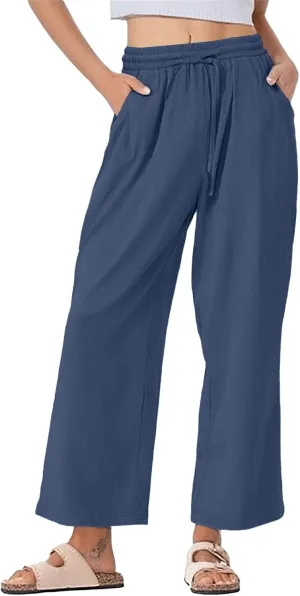 Women Linen Flowy Pants 2025 Trendy Smocked Waist Ruffle Hem Wide Leg Palazzo Trouser Outdoor Travel Boho Casual Pant