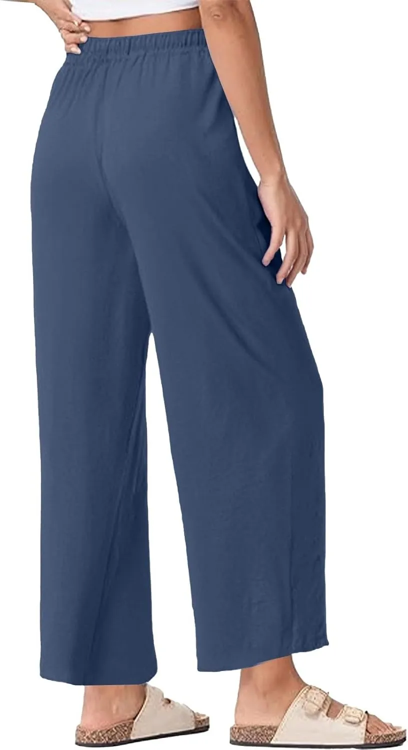 Women Linen Flowy Pants 2025 Trendy Smocked Waist Ruffle Hem Wide Leg Palazzo Trouser Outdoor Travel Boho Casual Pant