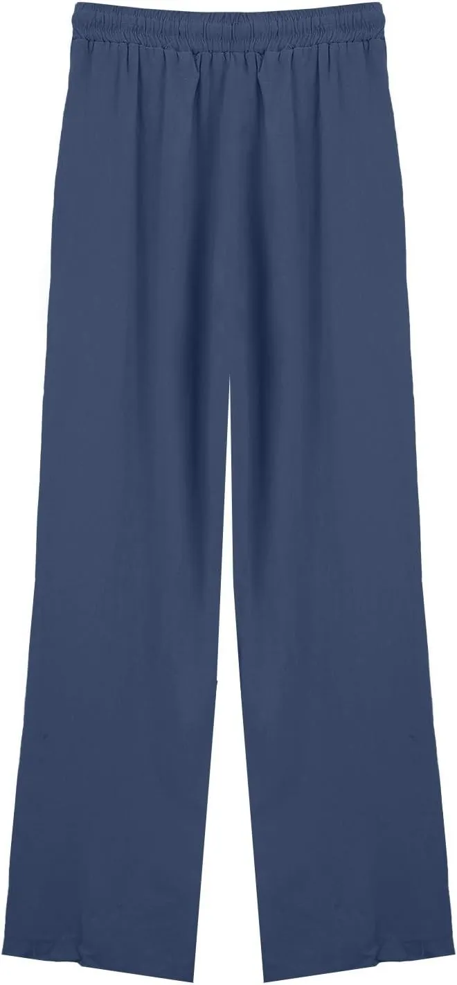 Women Linen Flowy Pants 2025 Trendy Smocked Waist Ruffle Hem Wide Leg Palazzo Trouser Outdoor Travel Boho Casual Pant