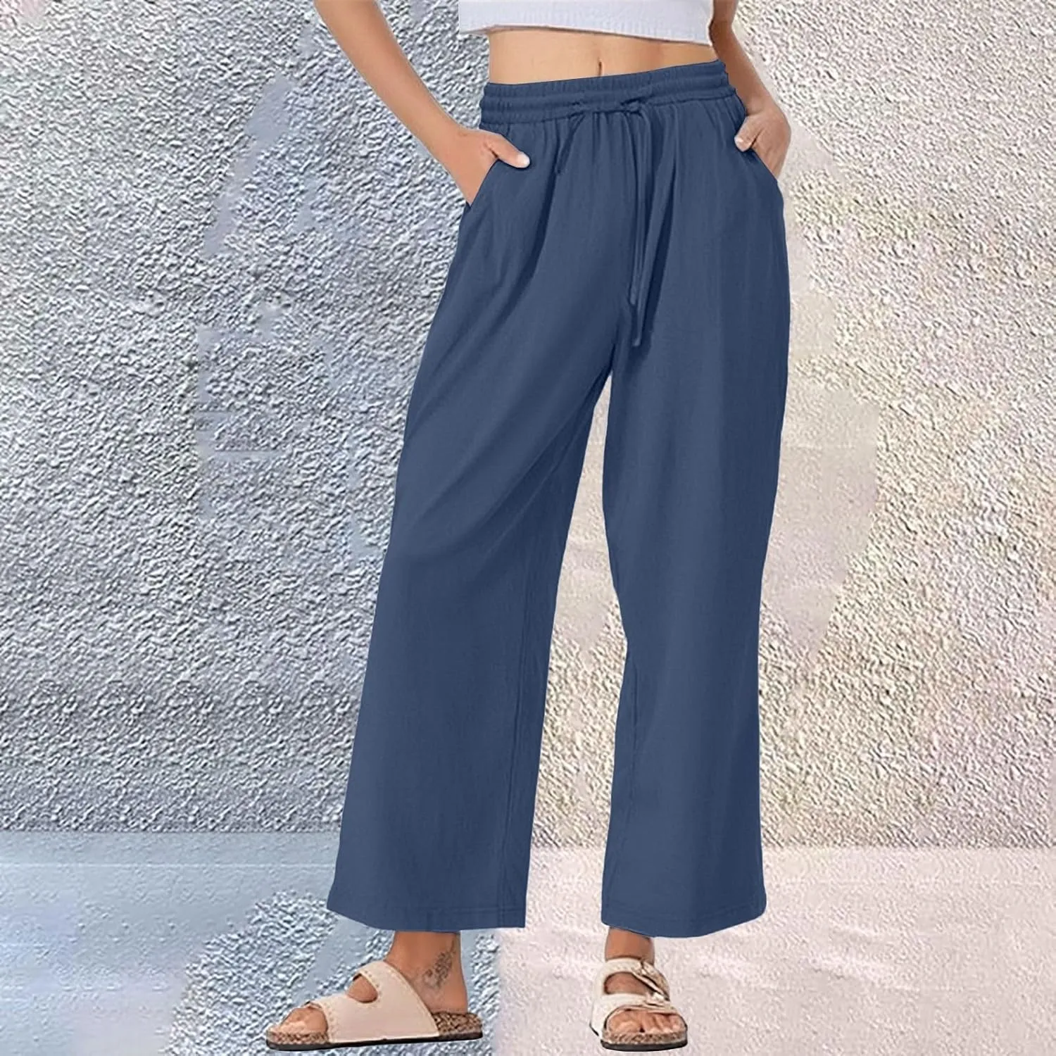 Women Linen Flowy Pants 2025 Trendy Smocked Waist Ruffle Hem Wide Leg Palazzo Trouser Outdoor Travel Boho Casual Pant