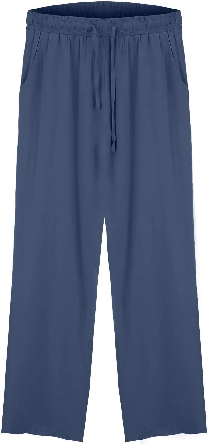 Women Linen Flowy Pants 2025 Trendy Smocked Waist Ruffle Hem Wide Leg Palazzo Trouser Outdoor Travel Boho Casual Pant