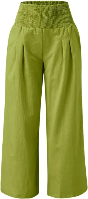 Women Linen Pants Straight Leg Tummy Control Summer Casual Palazzo Trouser with Pockets Womens Trendy Baggy Pants