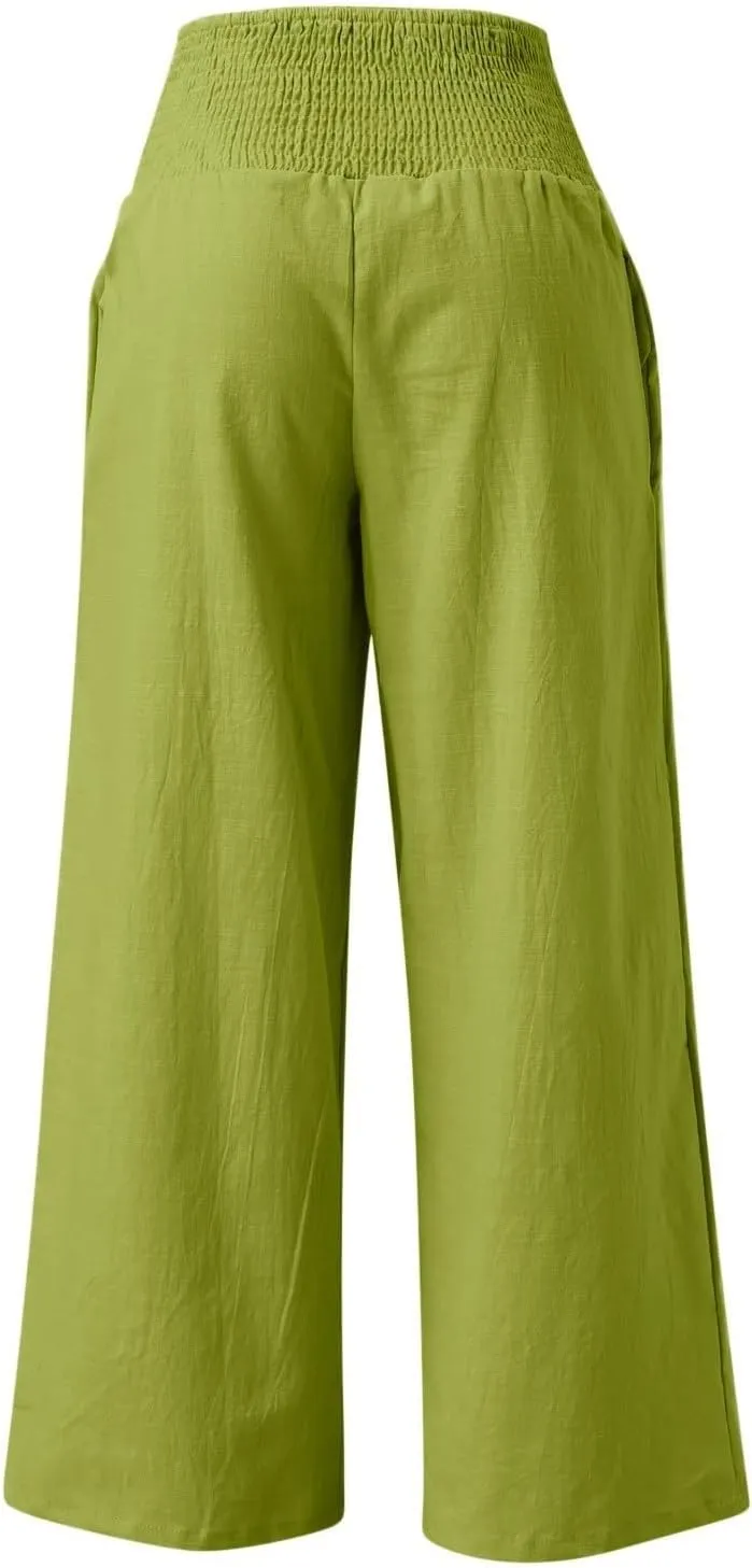 Women Linen Pants Straight Leg Tummy Control Summer Casual Palazzo Trouser with Pockets Womens Trendy Baggy Pants