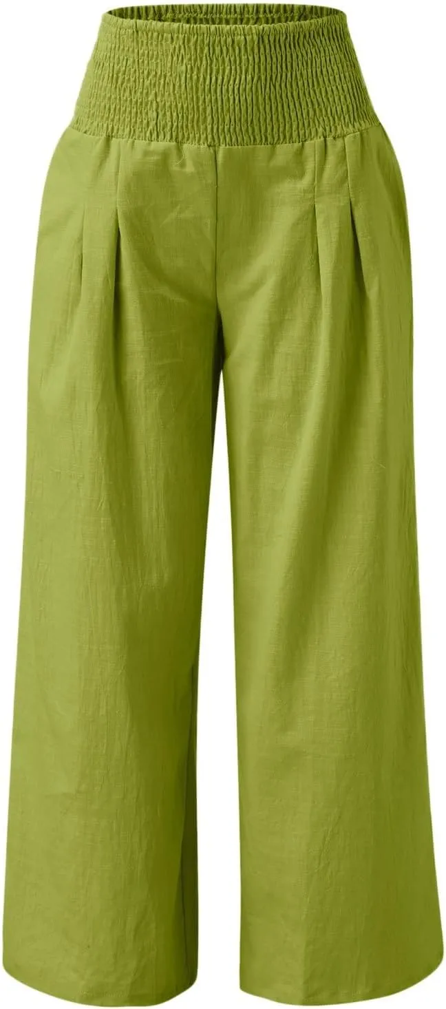 Women Linen Pants Straight Leg Tummy Control Summer Casual Palazzo Trouser with Pockets Womens Trendy Baggy Pants