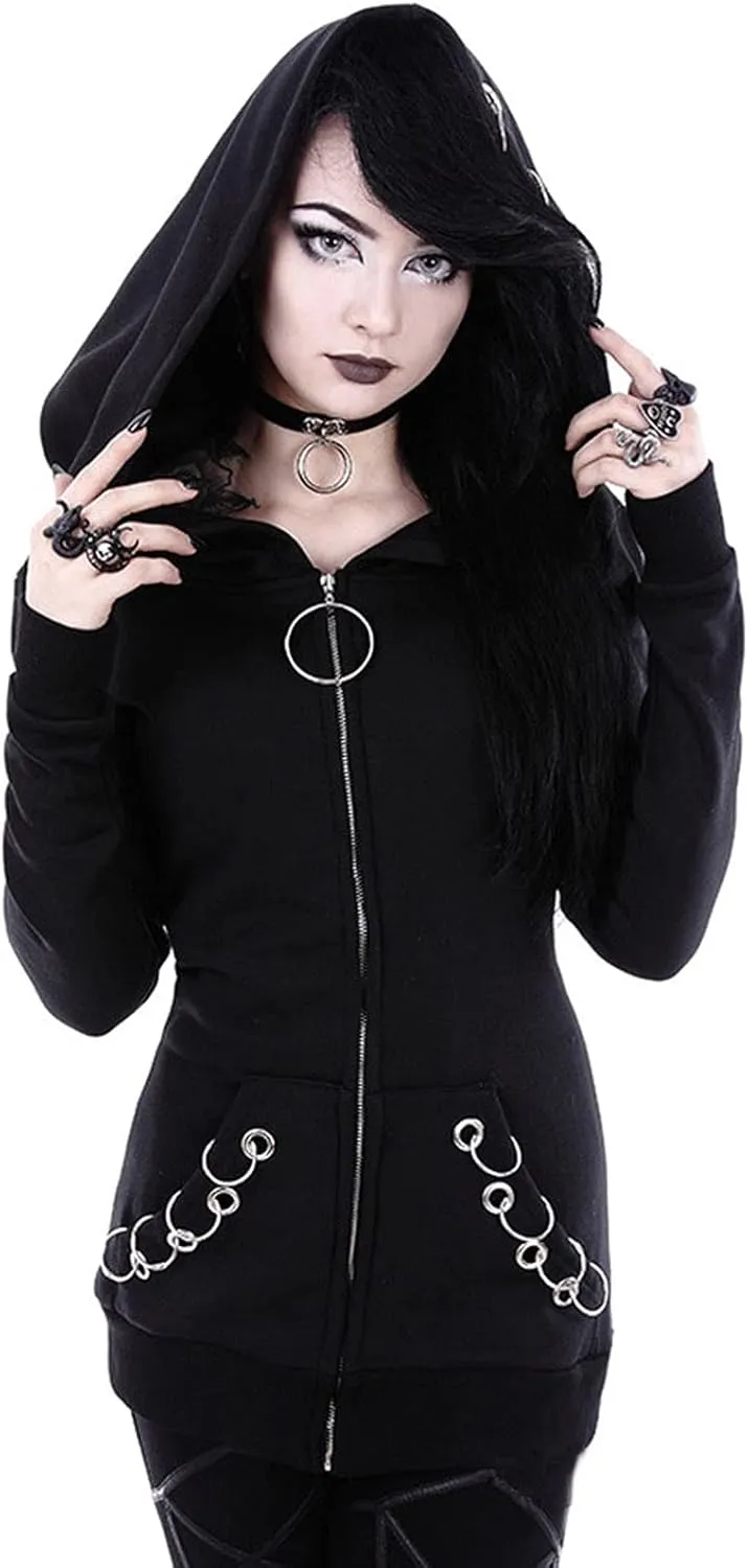 Women Punk Gothic Sweatshirt Witchcraft Moon Long Hoodie Oversized Long Sleeve Zip Up Hoodie