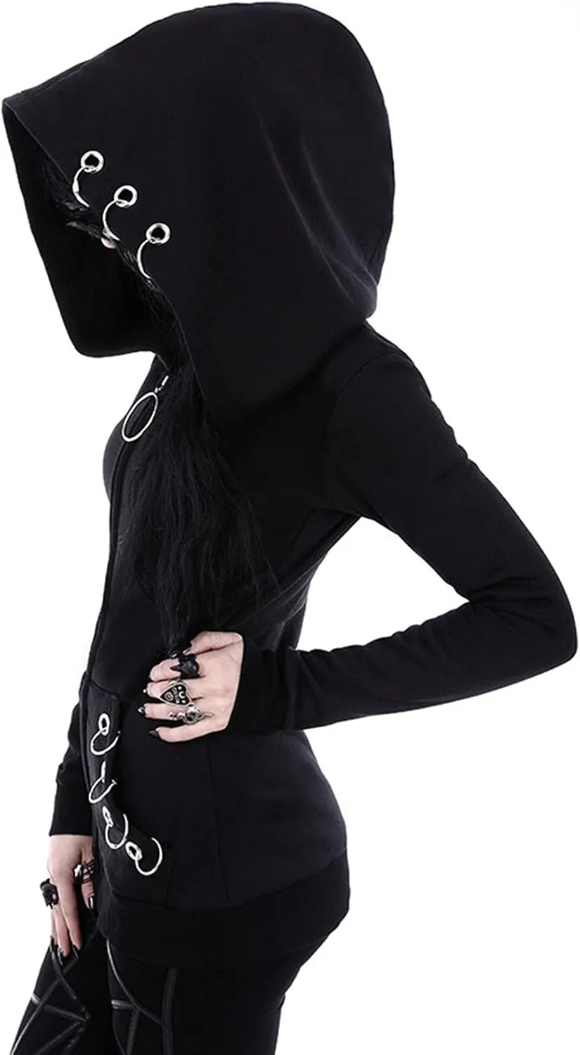 Women Punk Gothic Sweatshirt Witchcraft Moon Long Hoodie Oversized Long Sleeve Zip Up Hoodie