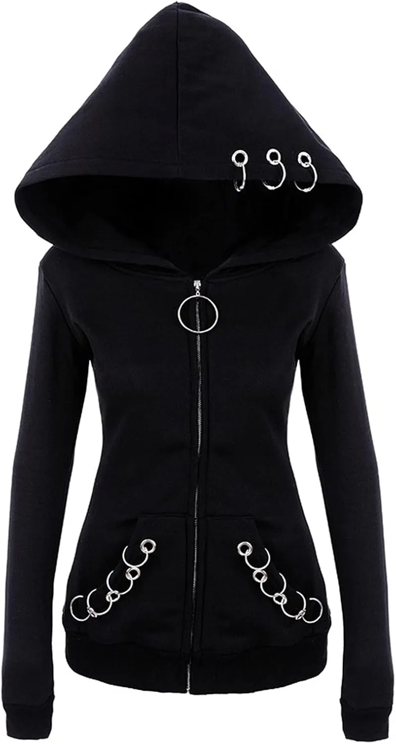 Women Punk Gothic Sweatshirt Witchcraft Moon Long Hoodie Oversized Long Sleeve Zip Up Hoodie