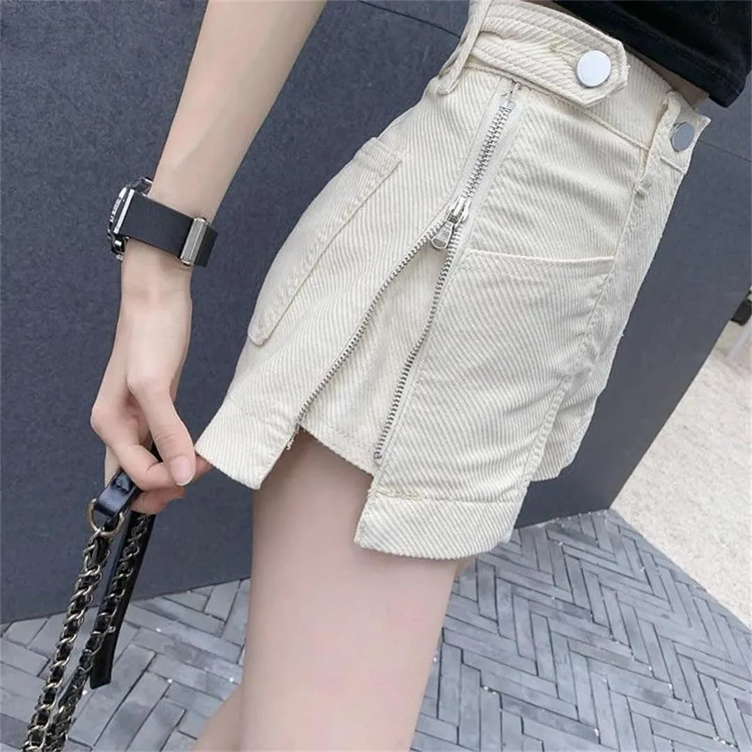 Women Zipper Shorts Jeans Loose High Waist Short Pants Streetwear Denim Wide Leg Pant