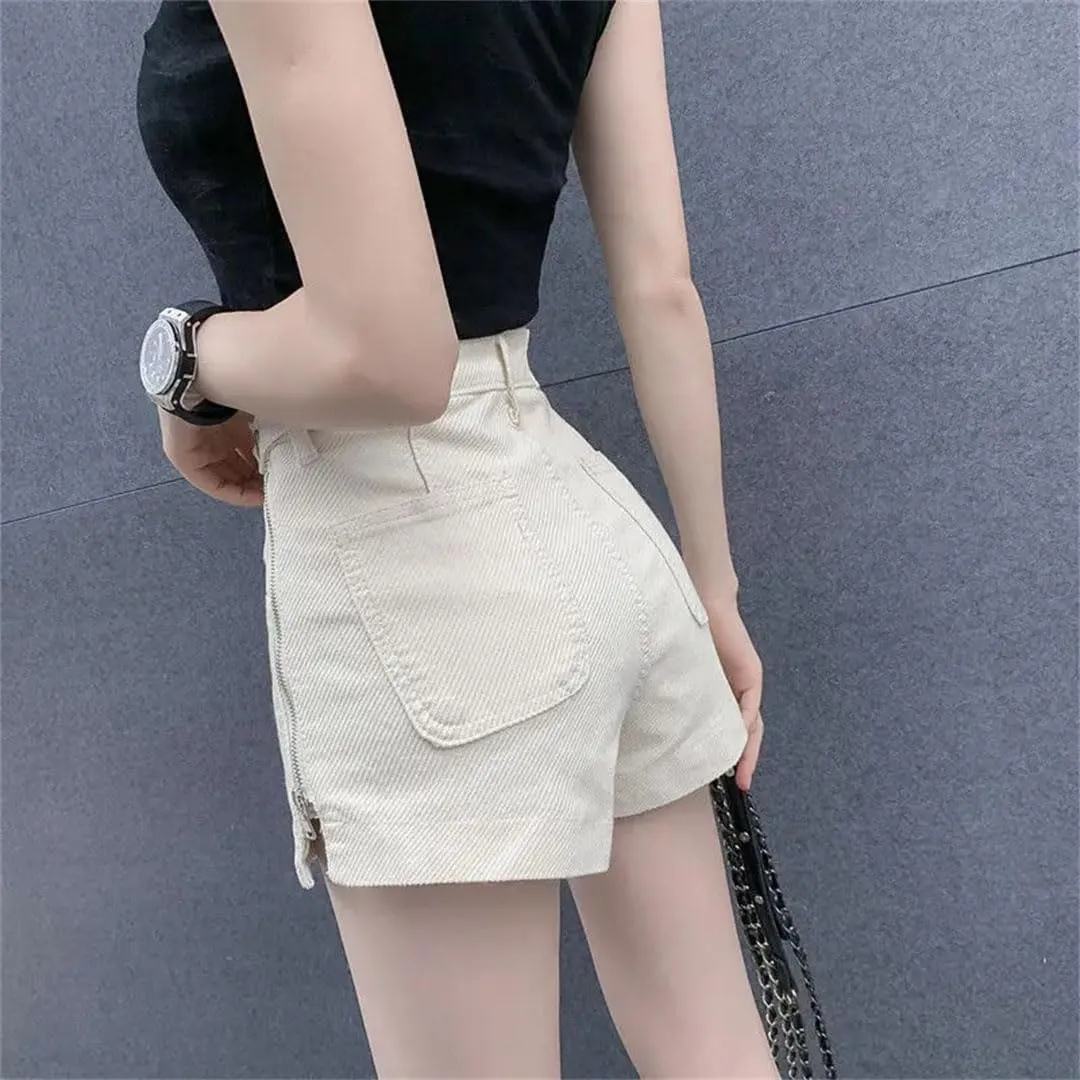 Women Zipper Shorts Jeans Loose High Waist Short Pants Streetwear Denim Wide Leg Pant