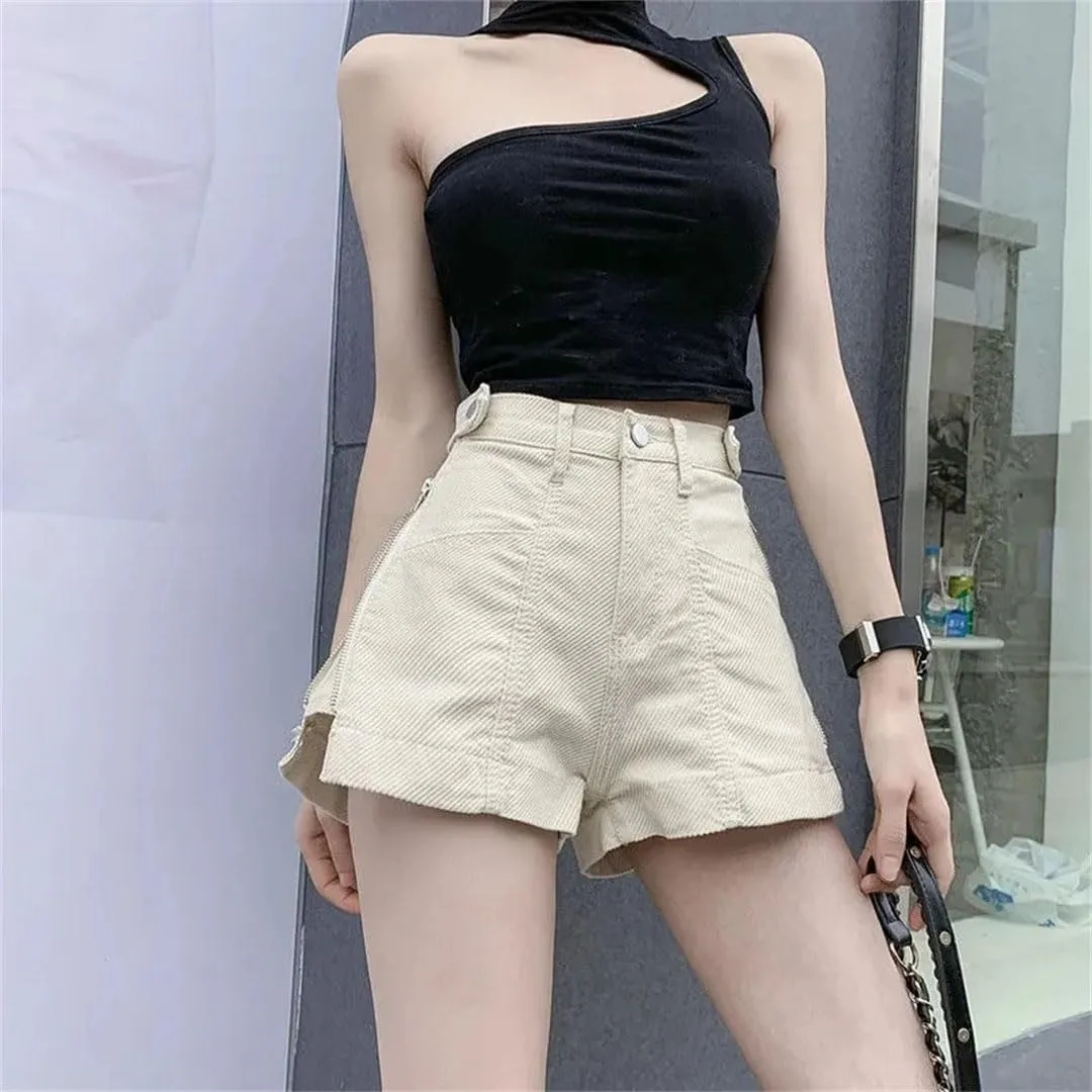 Women Zipper Shorts Jeans Loose High Waist Short Pants Streetwear Denim Wide Leg Pant