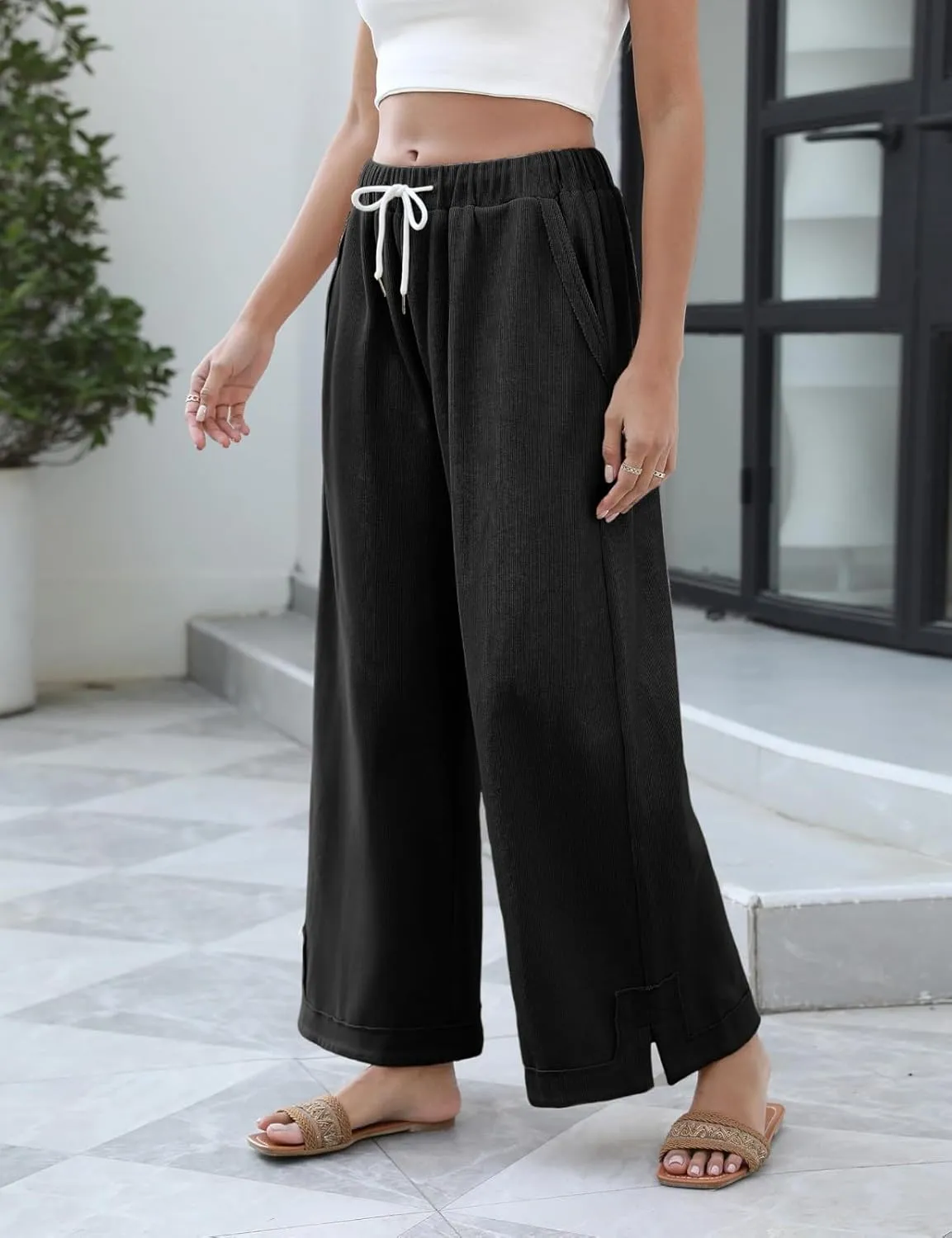 Womens Baggy Wide Leg Pants 2025 Summer Casual Loose Cotton Drawstring Elastic Waist Palazzo Trousers with Pockets