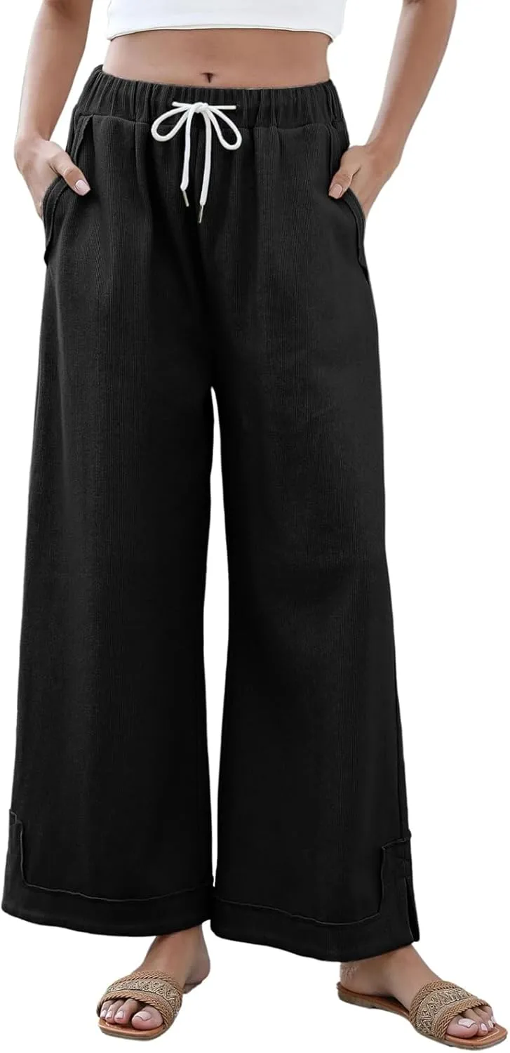 Womens Baggy Wide Leg Pants 2025 Summer Casual Loose Cotton Drawstring Elastic Waist Palazzo Trousers with Pockets