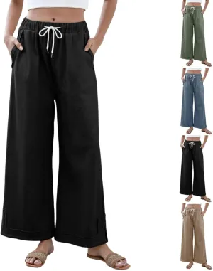 Womens Baggy Wide Leg Pants 2025 Summer Casual Loose Cotton Drawstring Elastic Waist Palazzo Trousers with Pockets