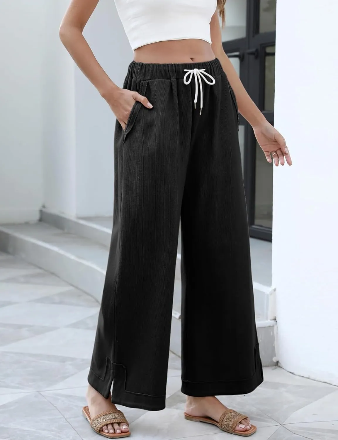 Womens Baggy Wide Leg Pants 2025 Summer Casual Loose Cotton Drawstring Elastic Waist Palazzo Trousers with Pockets