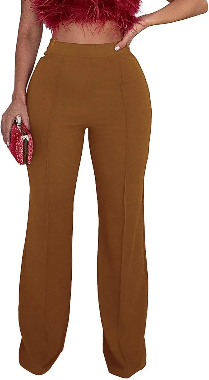 Womens Business Casual Pants Zipper Comfort Straight Leg Pants Trendy Solid Color Fall High Waisted Trousers