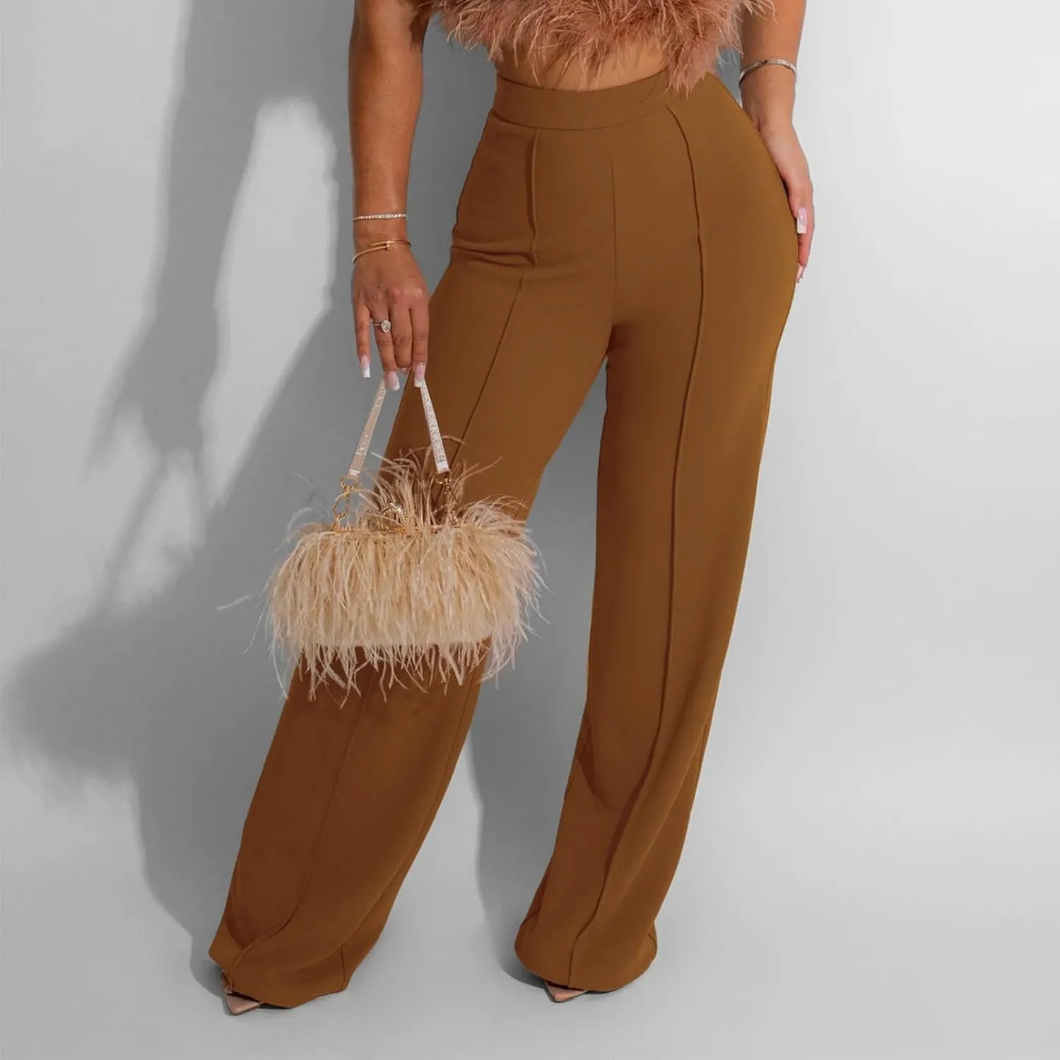 Womens Business Casual Pants Zipper Comfort Straight Leg Pants Trendy Solid Color Fall High Waisted Trousers