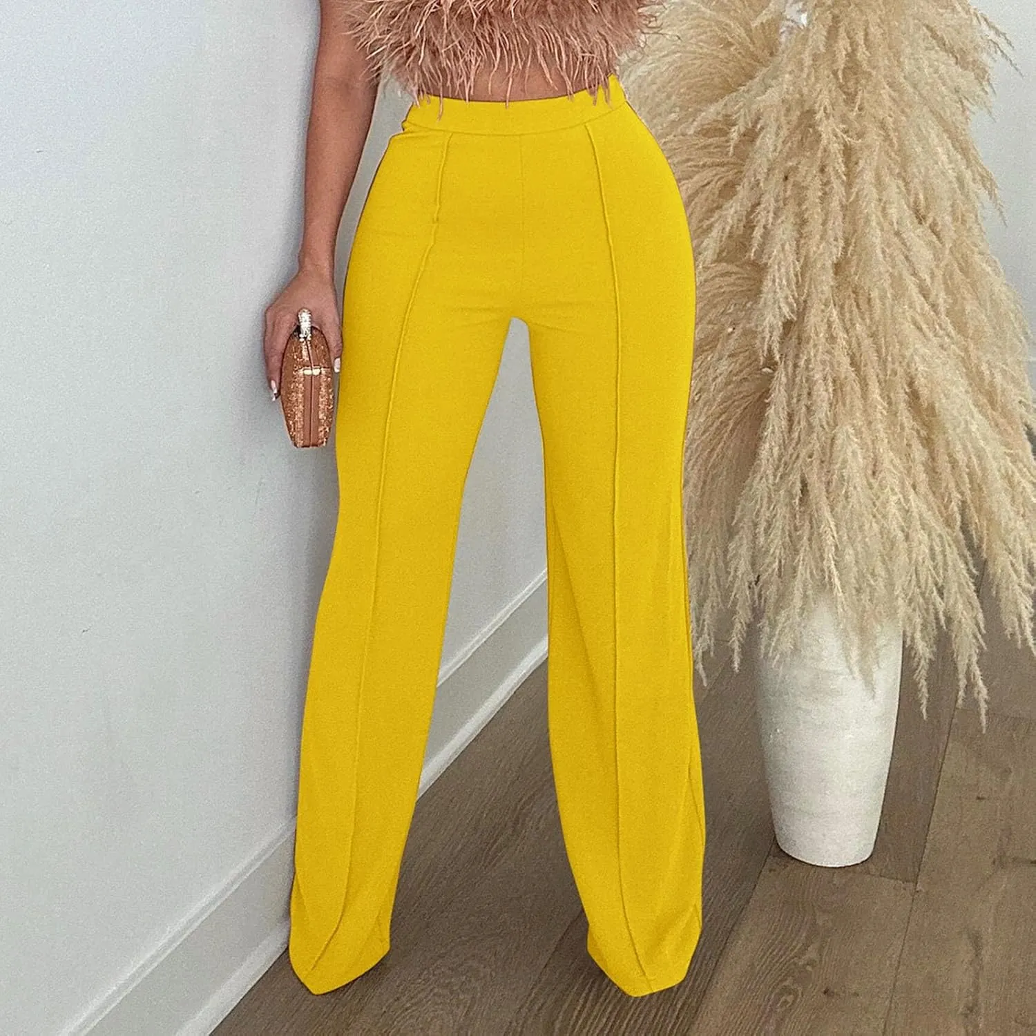 Womens Business Casual Pants Zipper Comfort Straight Leg Pants Trendy Solid Color Fall High Waisted Trousers