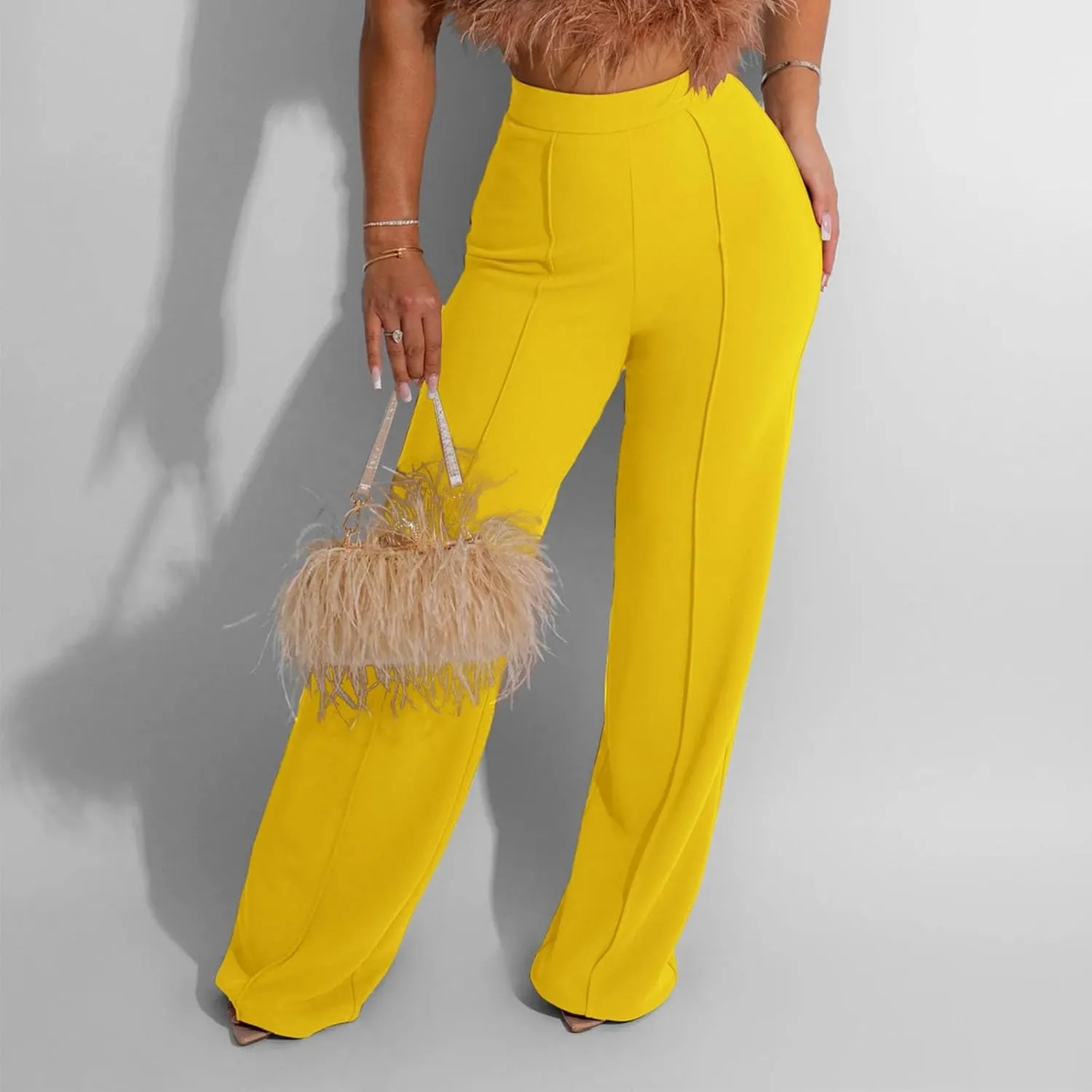 Womens Business Casual Pants Zipper Comfort Straight Leg Pants Trendy Solid Color Fall High Waisted Trousers