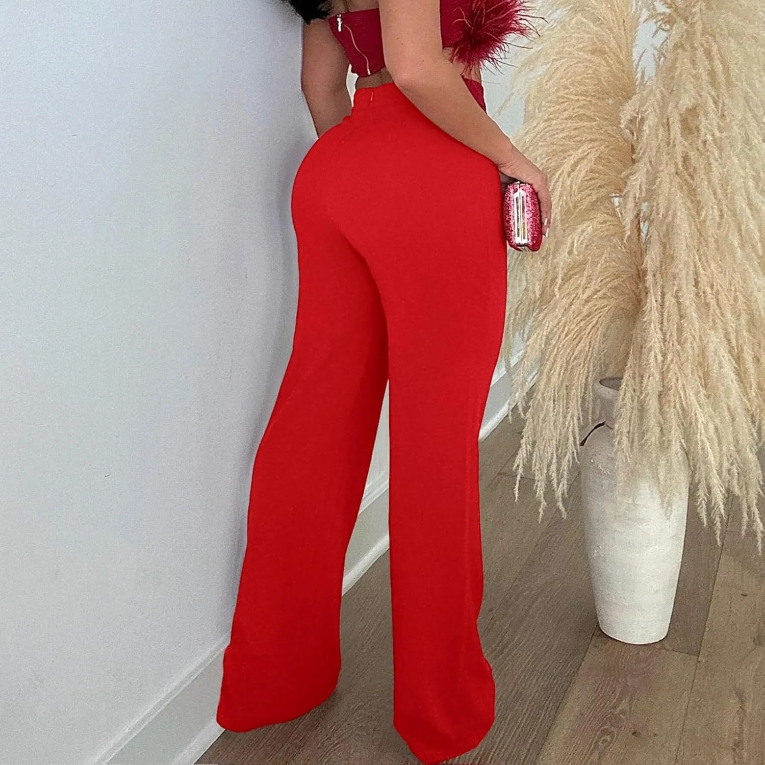 Womens Business Casual Pants Zipper Comfort Straight Leg Pants Trendy Solid Color Fall High Waisted Trousers