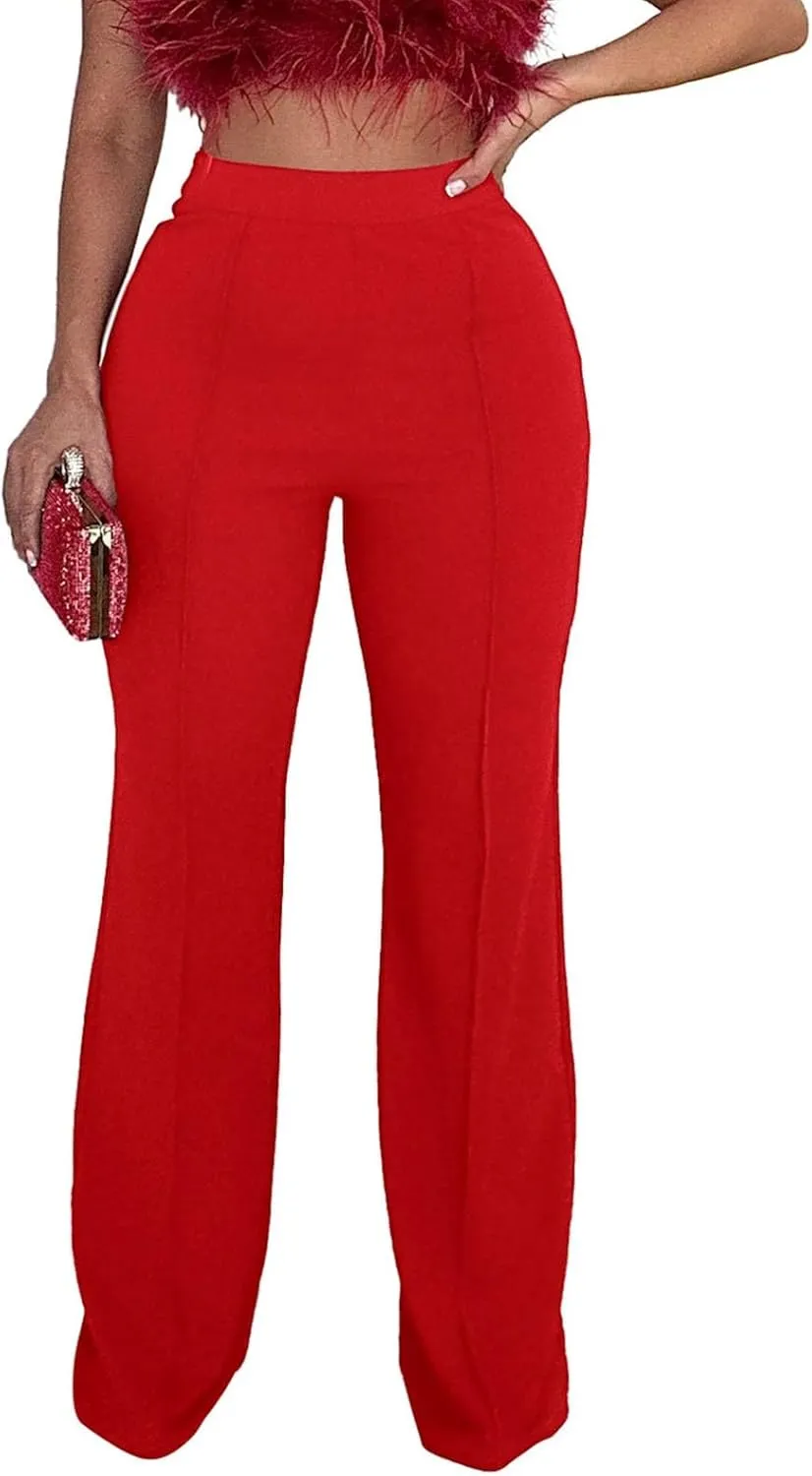 Womens Business Casual Pants Zipper Comfort Straight Leg Pants Trendy Solid Color Fall High Waisted Trousers