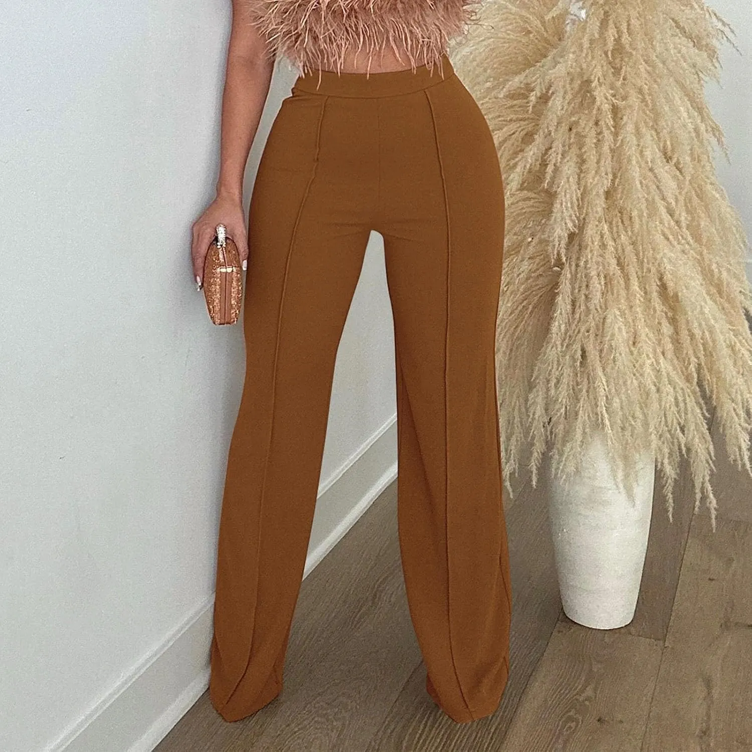 Womens Business Casual Pants Zipper Comfort Straight Leg Pants Trendy Solid Color Fall High Waisted Trousers