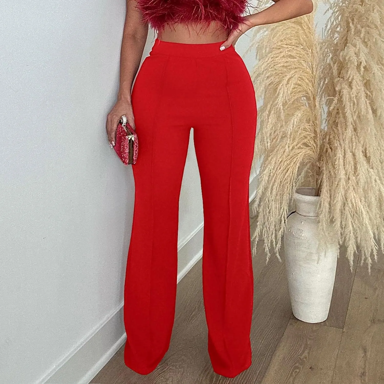 Womens Business Casual Pants Zipper Comfort Straight Leg Pants Trendy Solid Color Fall High Waisted Trousers