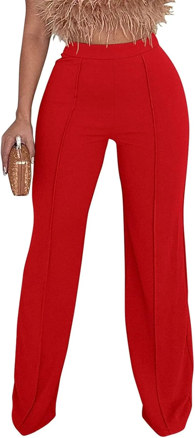 Womens Business Casual Pants Zipper Comfort Straight Leg Pants Trendy Solid Color Fall High Waisted Trousers